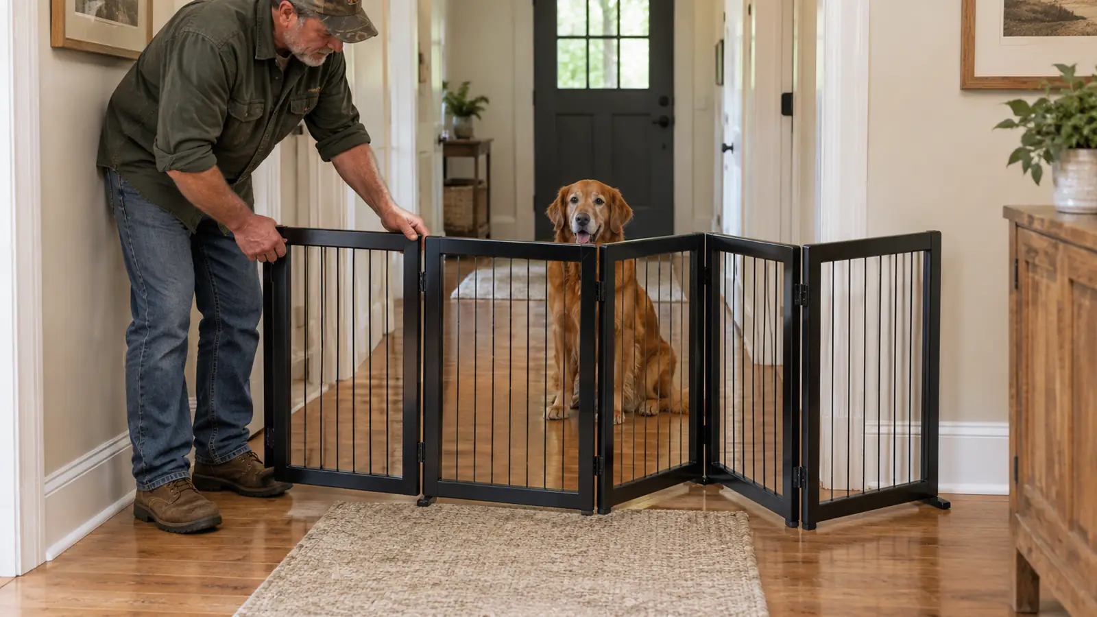 A freestanding pet gate folded into a zigzag shape and placed across a hallway, a dog waiting behind it