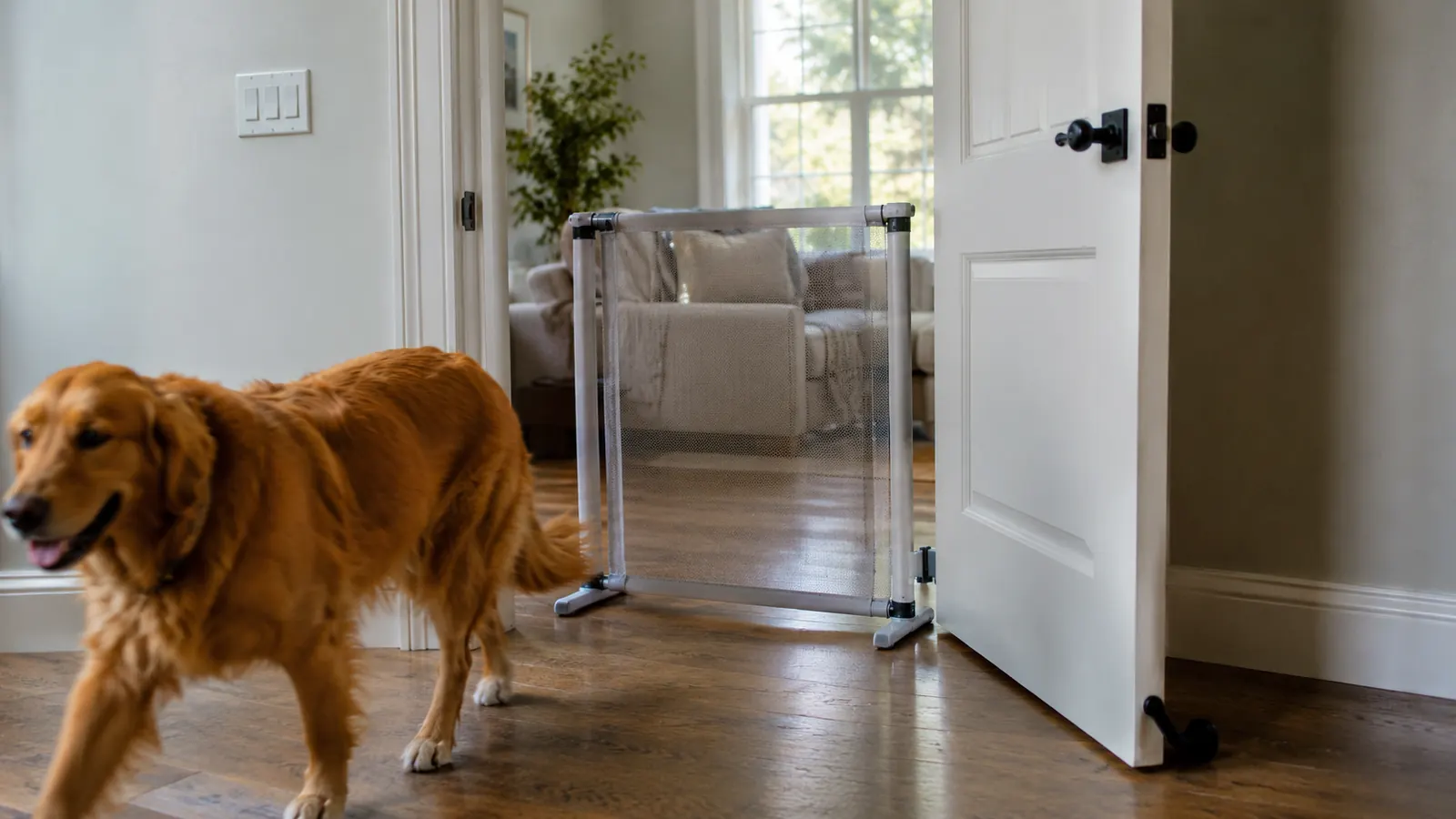 A freestanding pet gate standing in a doorway while the door beside it is propped open, a dog passing through the gap