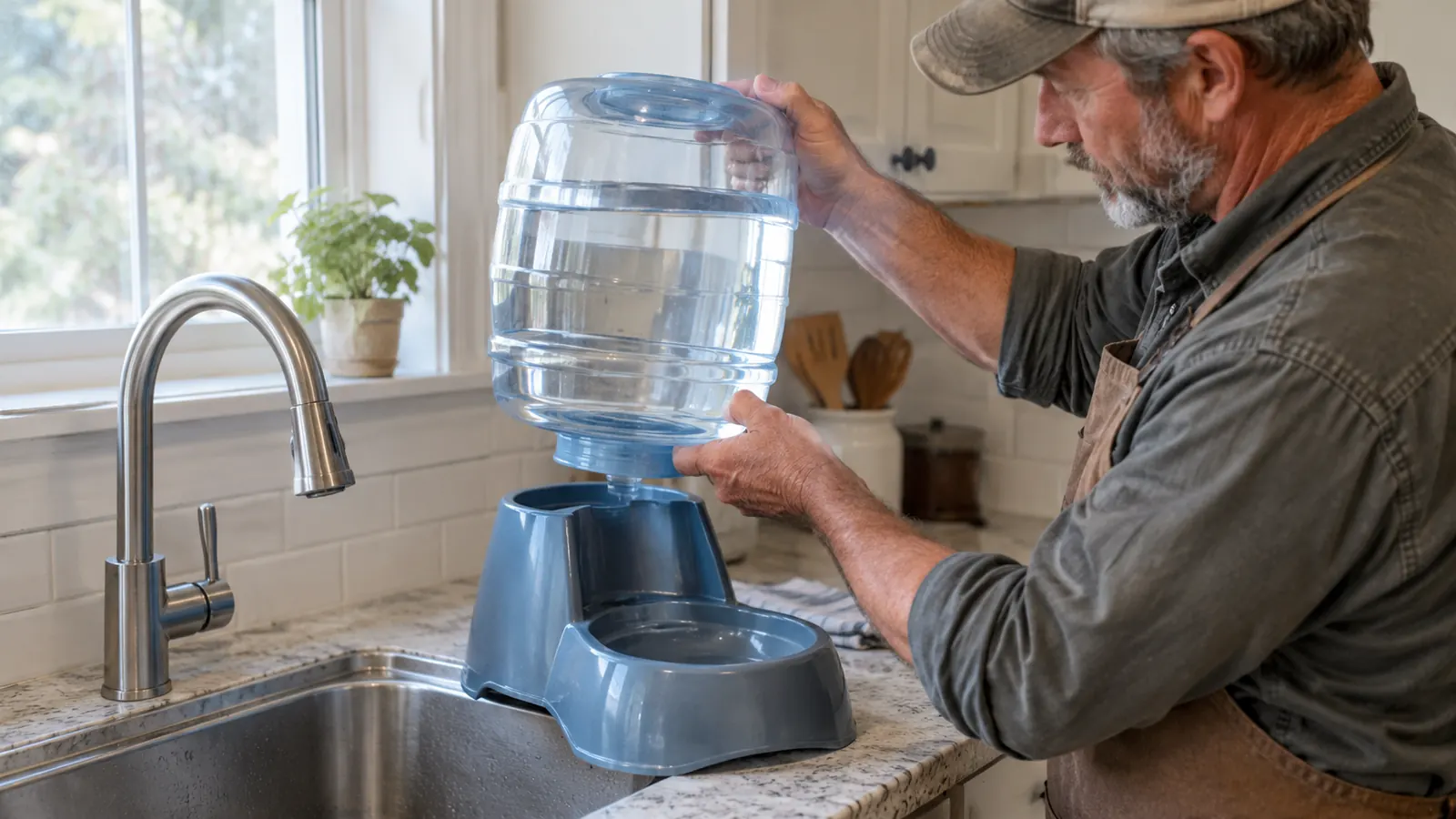 A hand lifting the reservoir tank of a gravity waterer to refill it at a kitchen sink