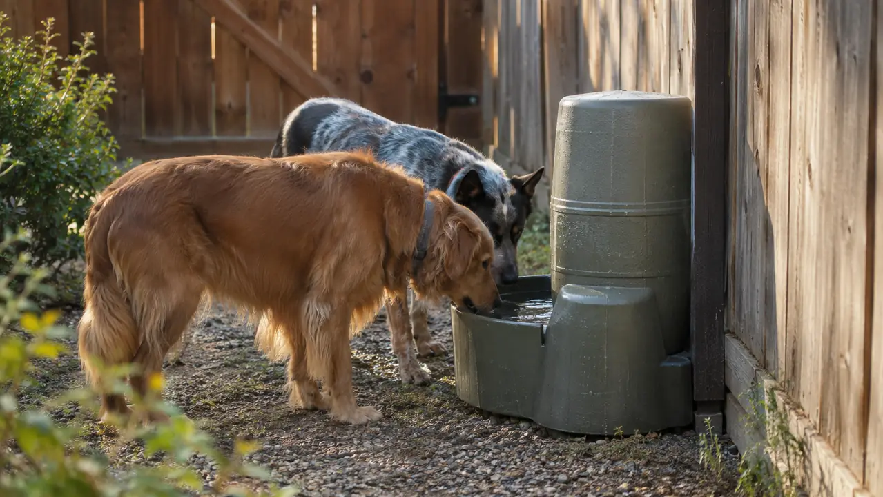 A calm scene of two dogs waiting side by side at a gravity waterer in a fenced side yard