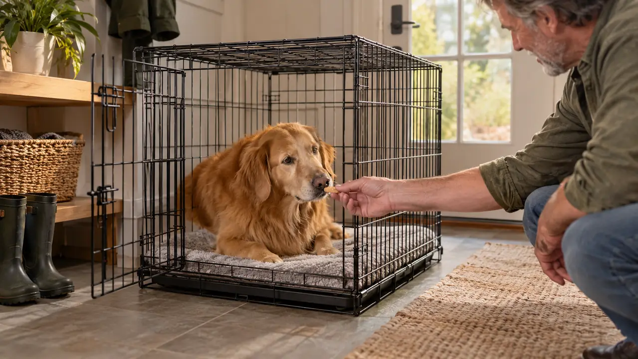 A large dog lies on a blanket inside a wire crate with the door open, a person's hand reaching in to offer a treat.