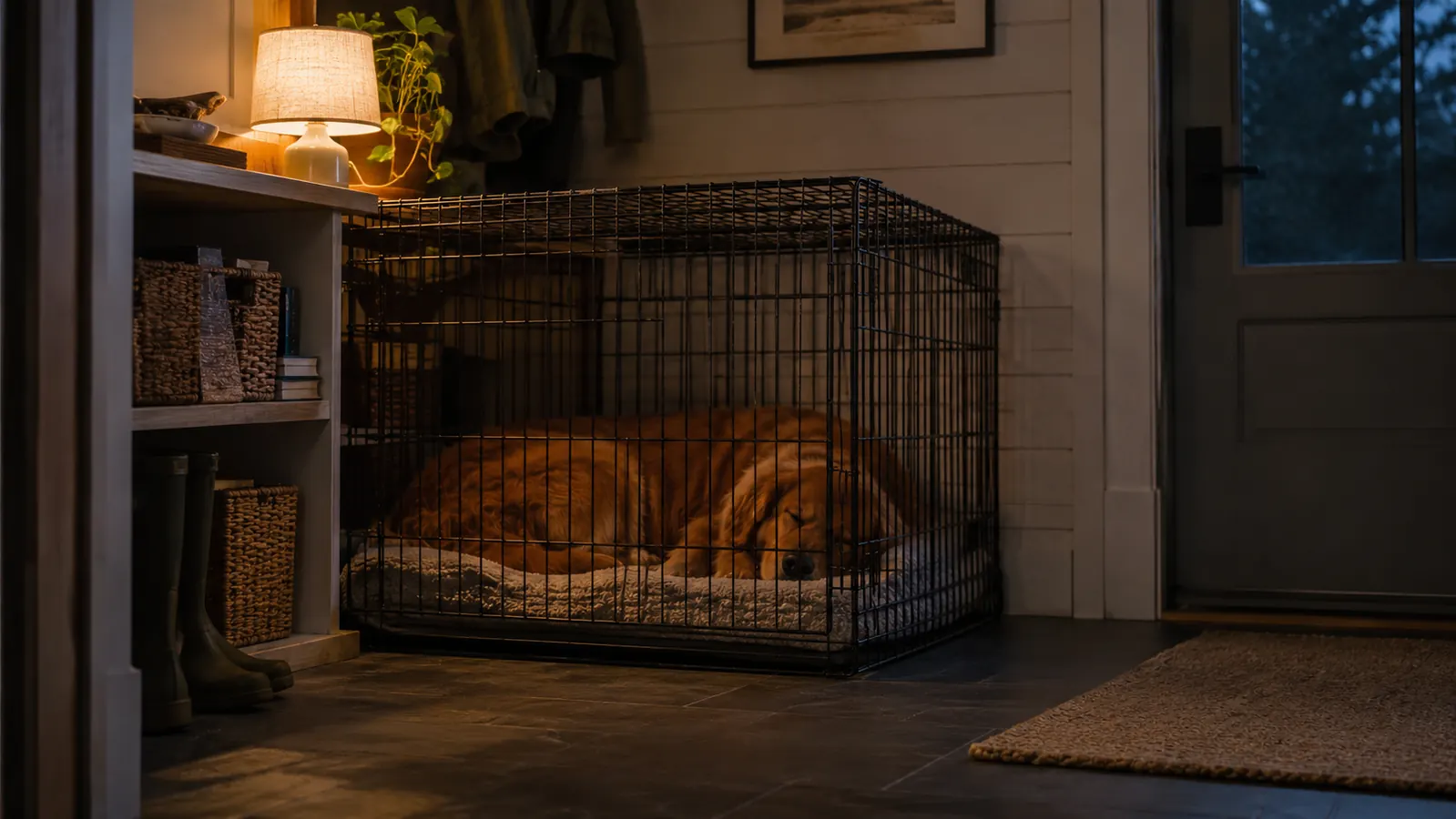 A converted mudroom at night with the crate door closed and a large dog asleep on a blanket inside.