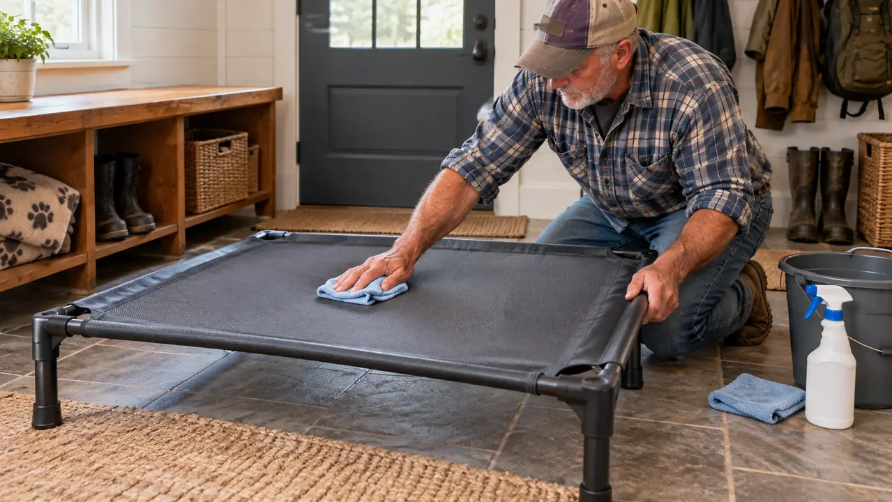 A hand wiping down the mesh surface of an elevated dog bed with a cloth between guests