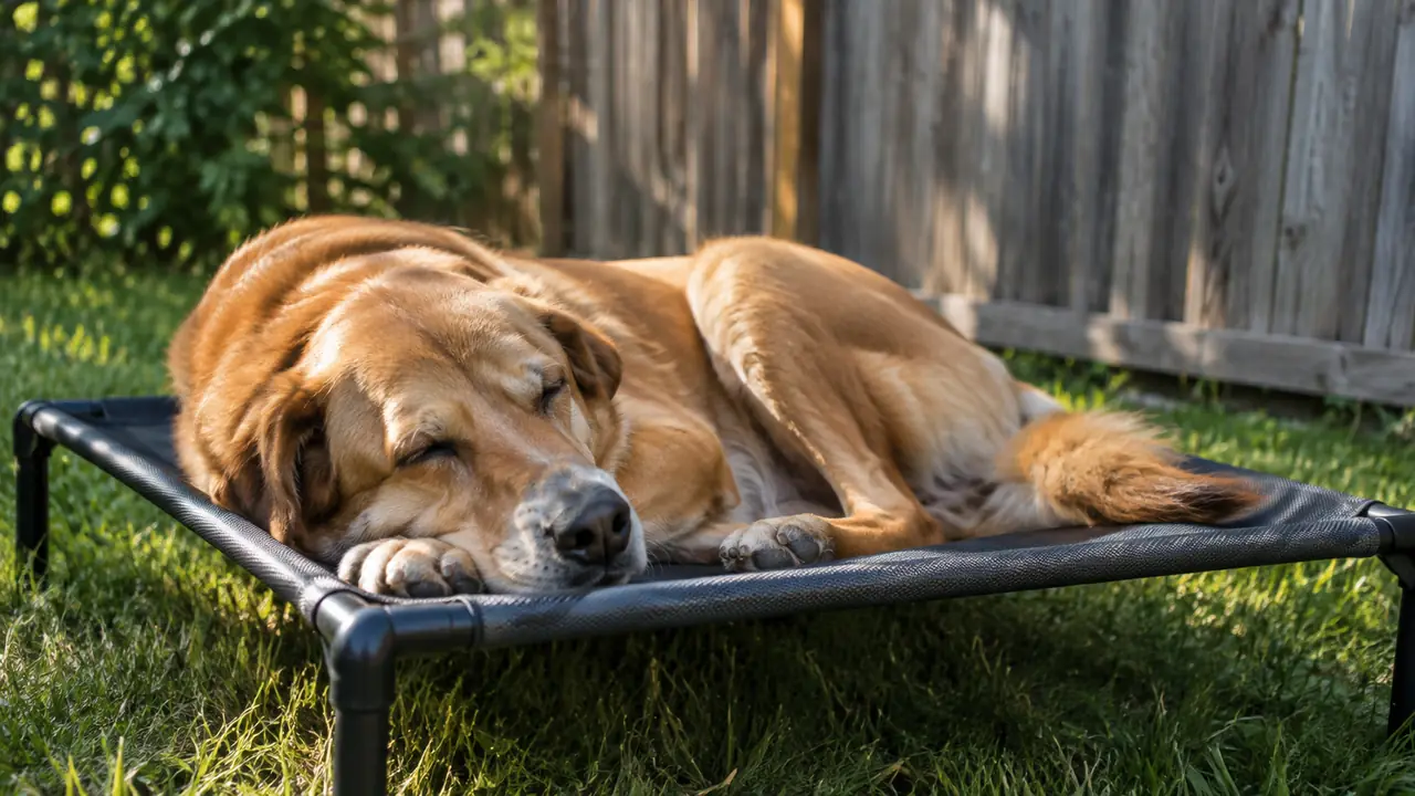 A large dog sleeping on an elevated mesh dog bed in a fenced side yard on a mild afternoon
