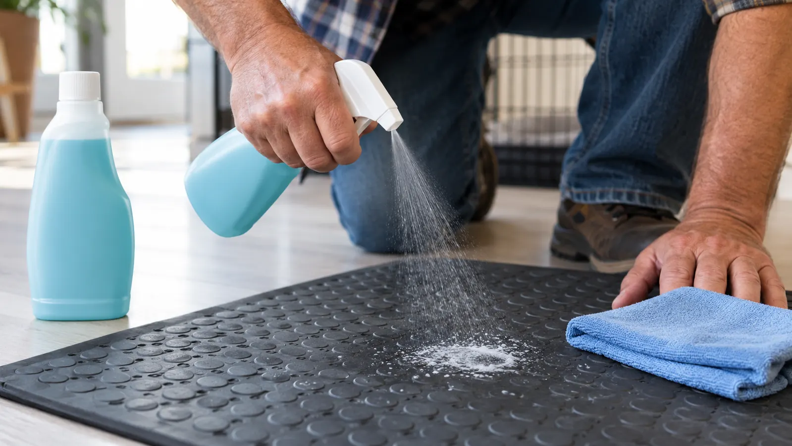 A hand spraying a cleaning solution onto a spot on a rubber kennel mat with a cloth nearby