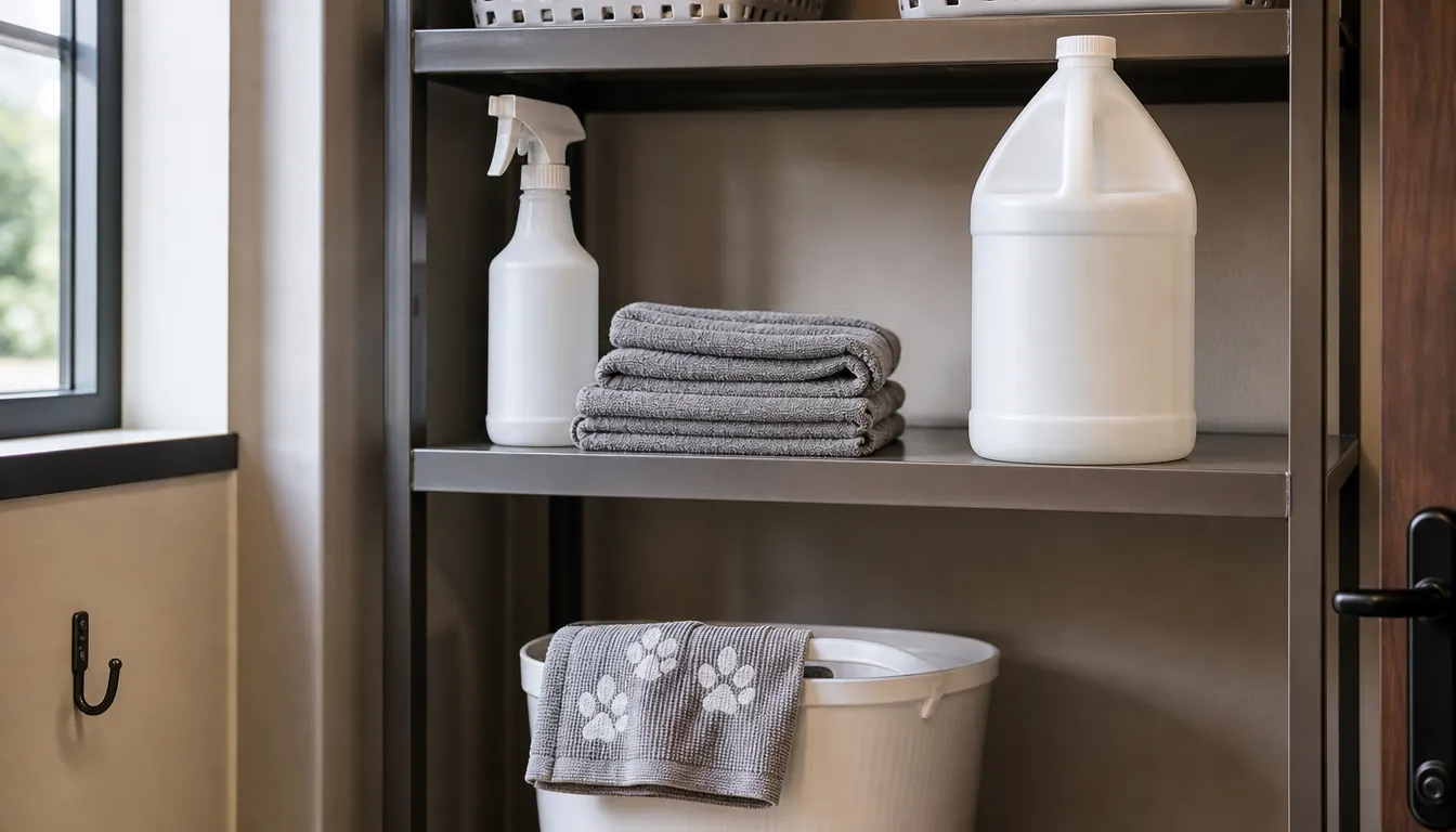 A supply shelf in a boarding room holding a spray bottle, folded cloths, and a sealed gallon jug above a wash bucket