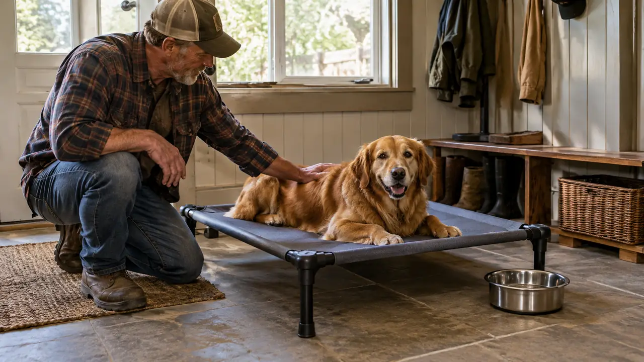 A dog lying on an elevated cot bed with a stainless water bowl beside it