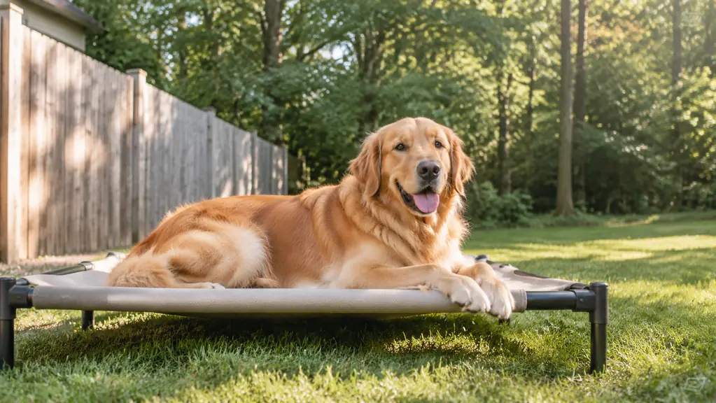 A dog resting on an elevated cot bed in a fenced side yard on a sunny afternoon