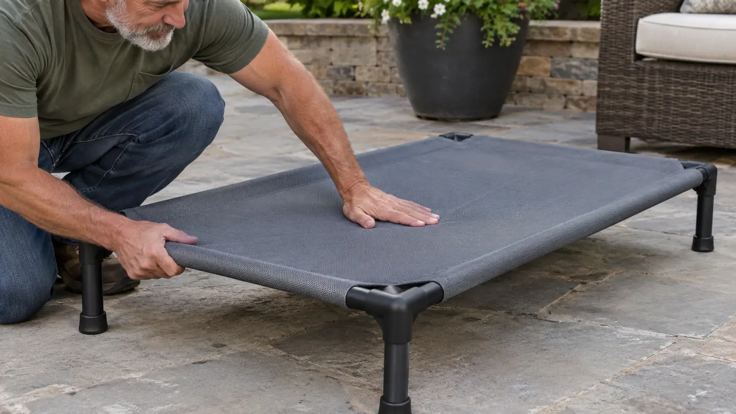 A hand adjusting the mesh surface of an elevated dog bed on a patio
