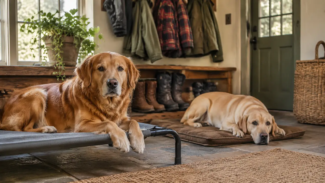 A dog lying on an elevated dog bed in a converted mudroom while another dog rests on a mat nearby