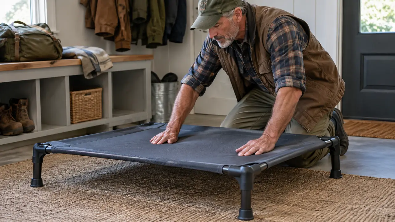 A hand adjusting the mesh surface of an elevated dog bed in a home boarding room