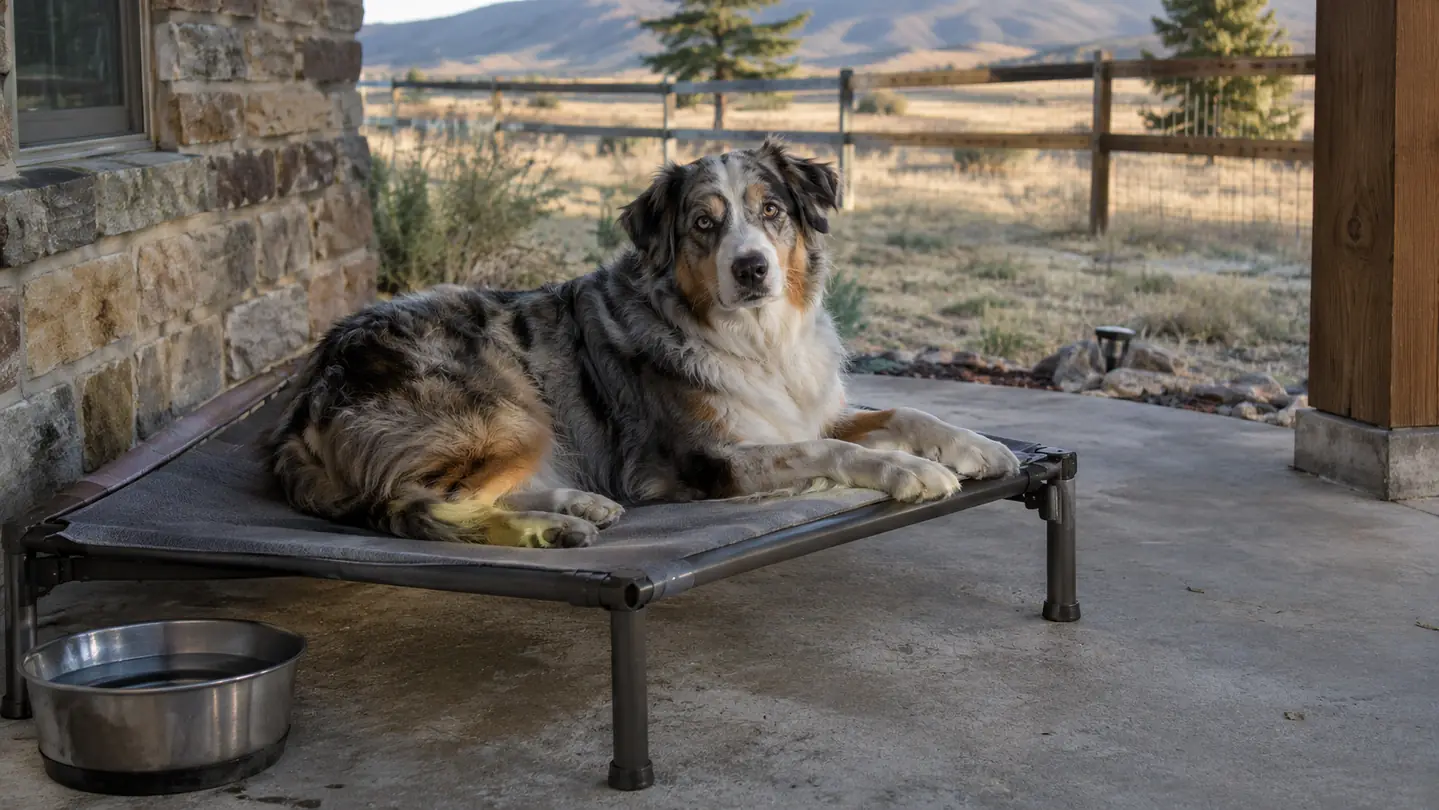 A shepherd mix resting on an elevated mesh dog bed on a shaded patio