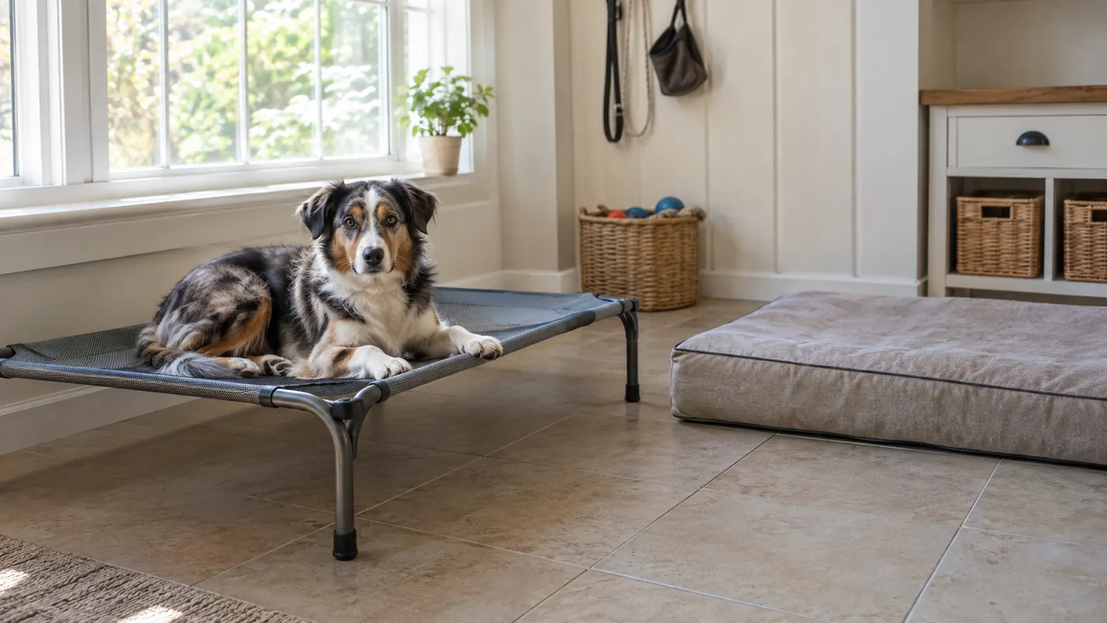 An elevated mesh dog bed next to a foam dog bed in a boarding room
