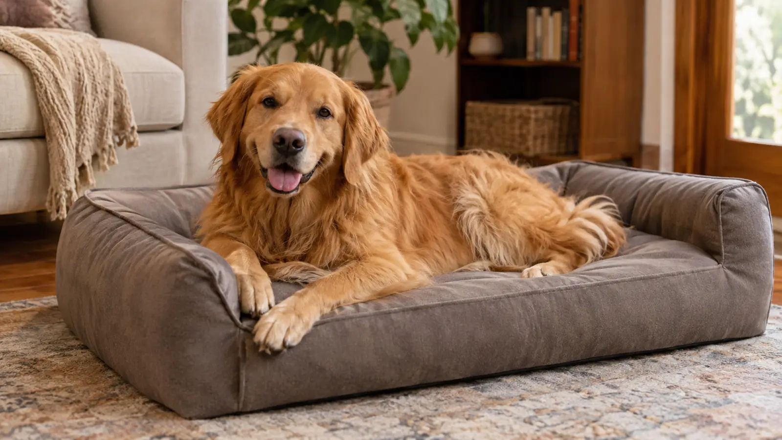 A dog lying on a thick orthopedic foam bed inside a home