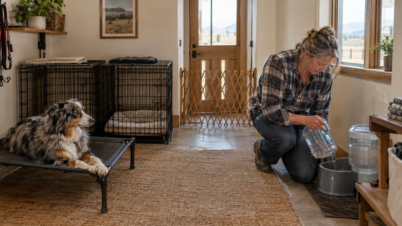 A converted mudroom set up for home dog boarding with wire crates, an elevated dog bed, a water dispenser and a pet gate, a shepherd mix resting on the bed
