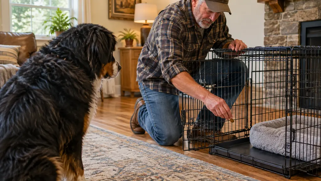 A hand drops a treat inside the open door of a wire crate while a large dog watches from a few feet away.
