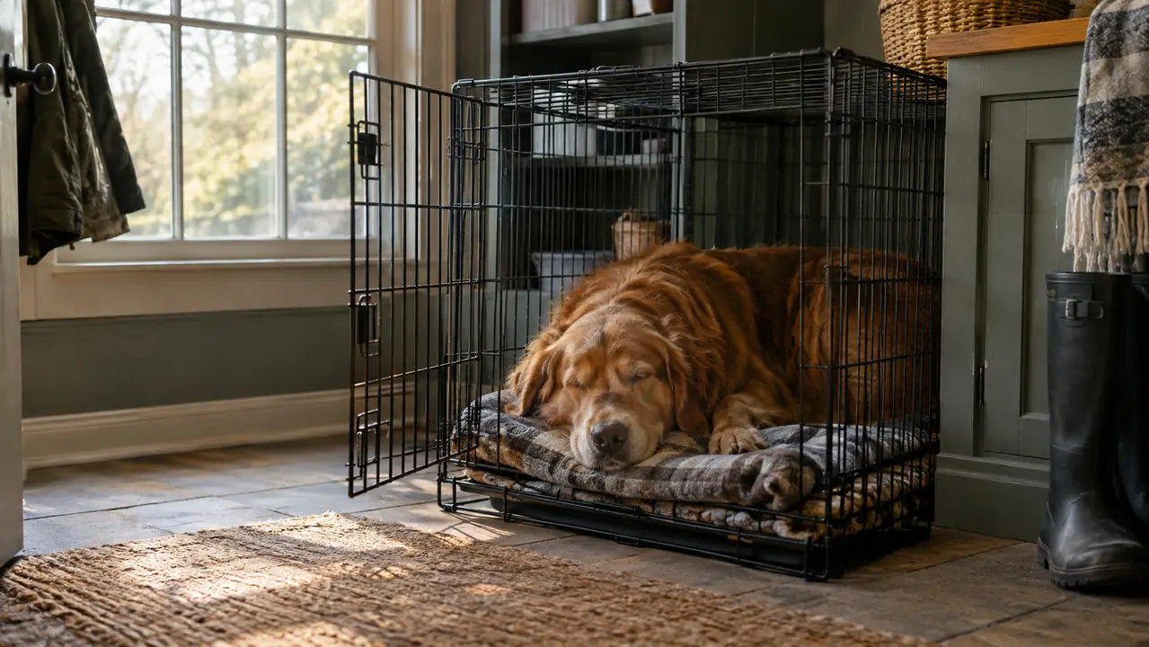 A large dog asleep on a folded blanket inside a wire crate with the door open.