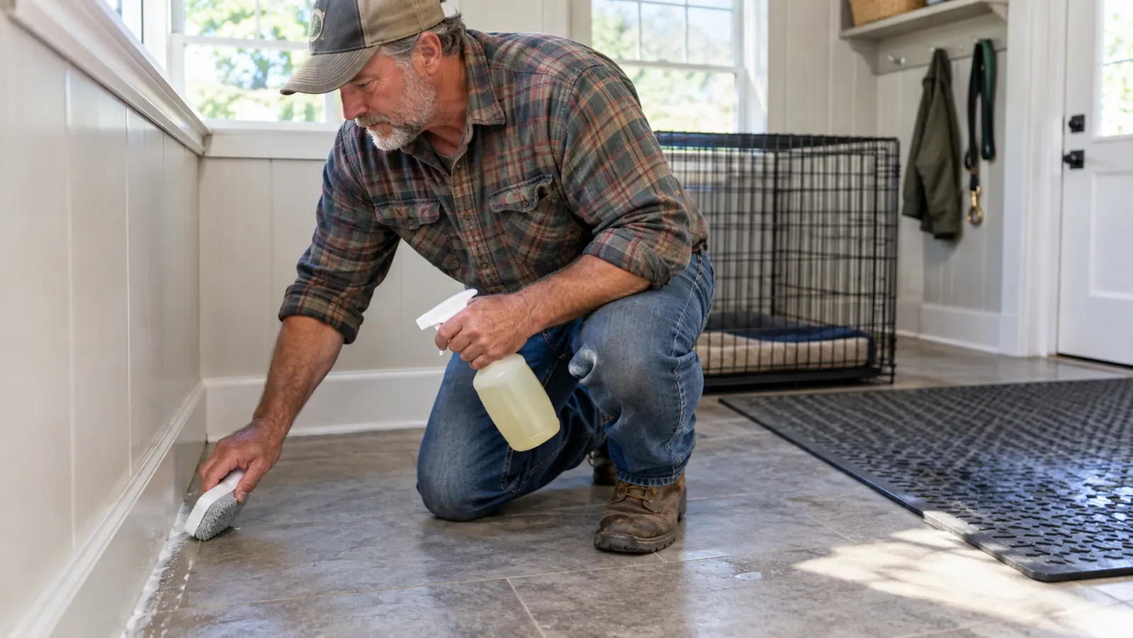 Hand applying enzyme cleaner along the baseboard of a kennel room.