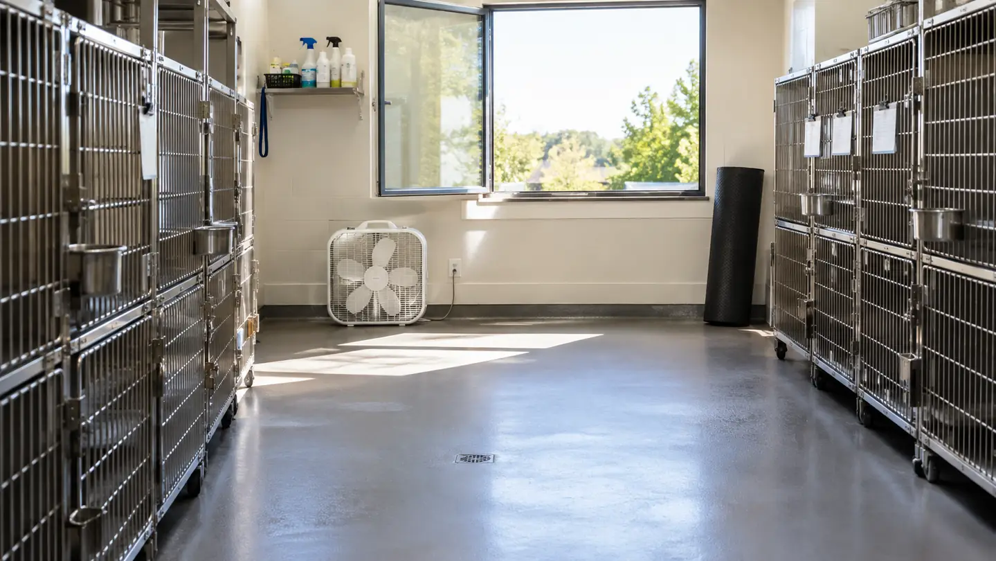 A freshly cleaned kennel room with the window open and a fan on the floor.