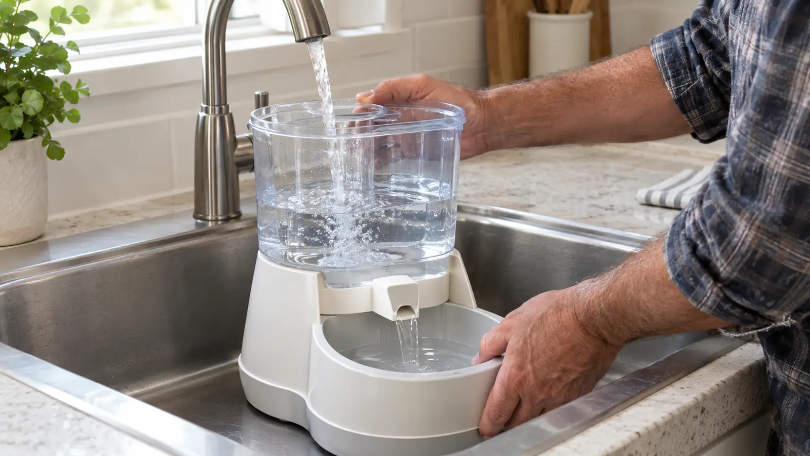 A person filling a gravity waterer at a kitchen sink