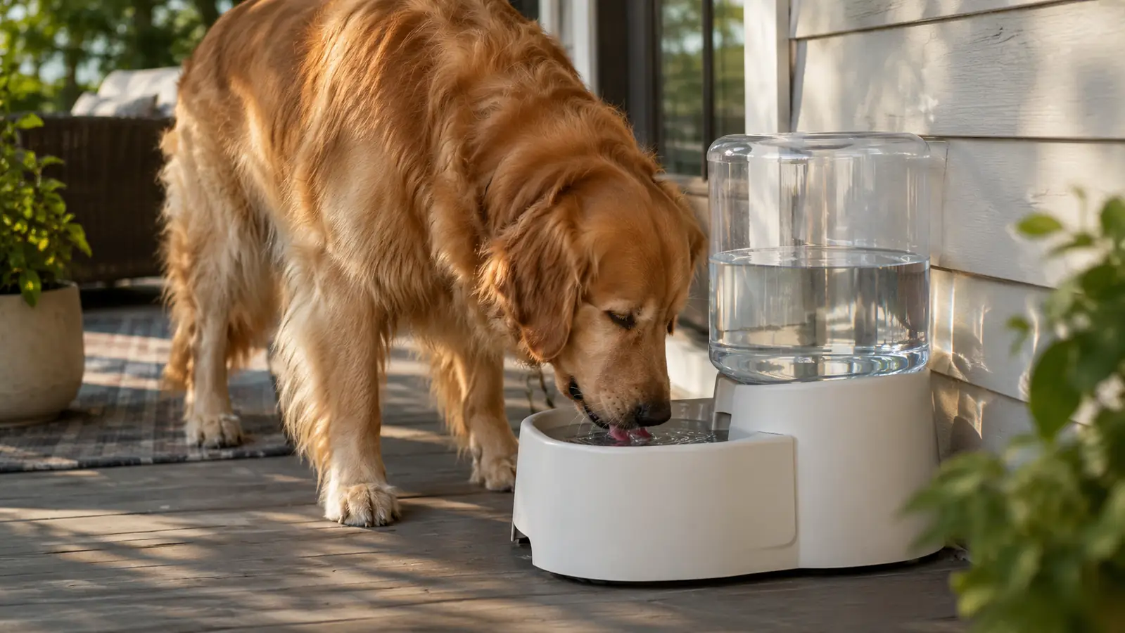 A large dog drinking from a gravity waterer on a shaded porch
