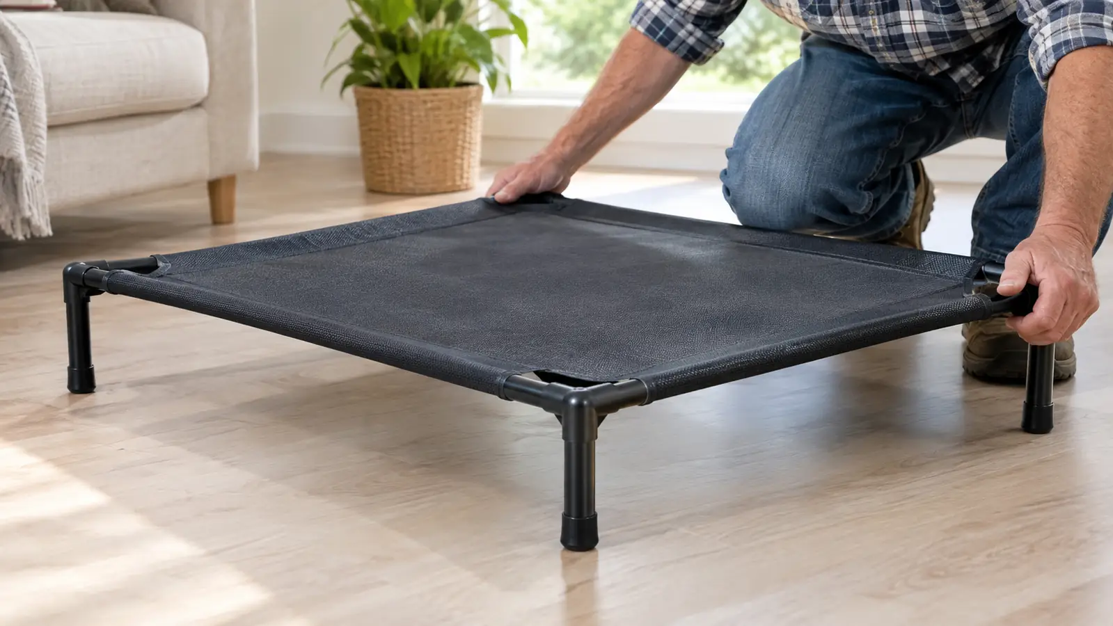 A hand placing a lightweight elevated dog bed frame on a clean floor in a bright room