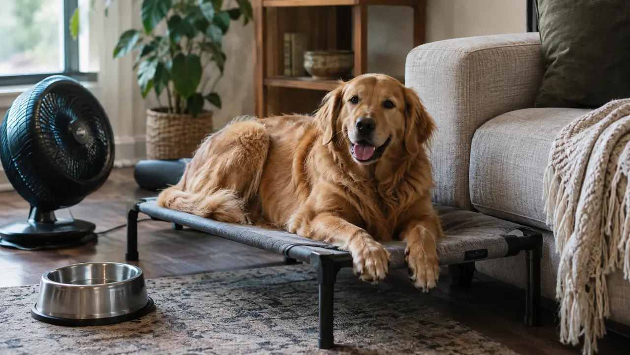 A dog lying on an elevated bed beside a couch, with a fan and water bowl nearby