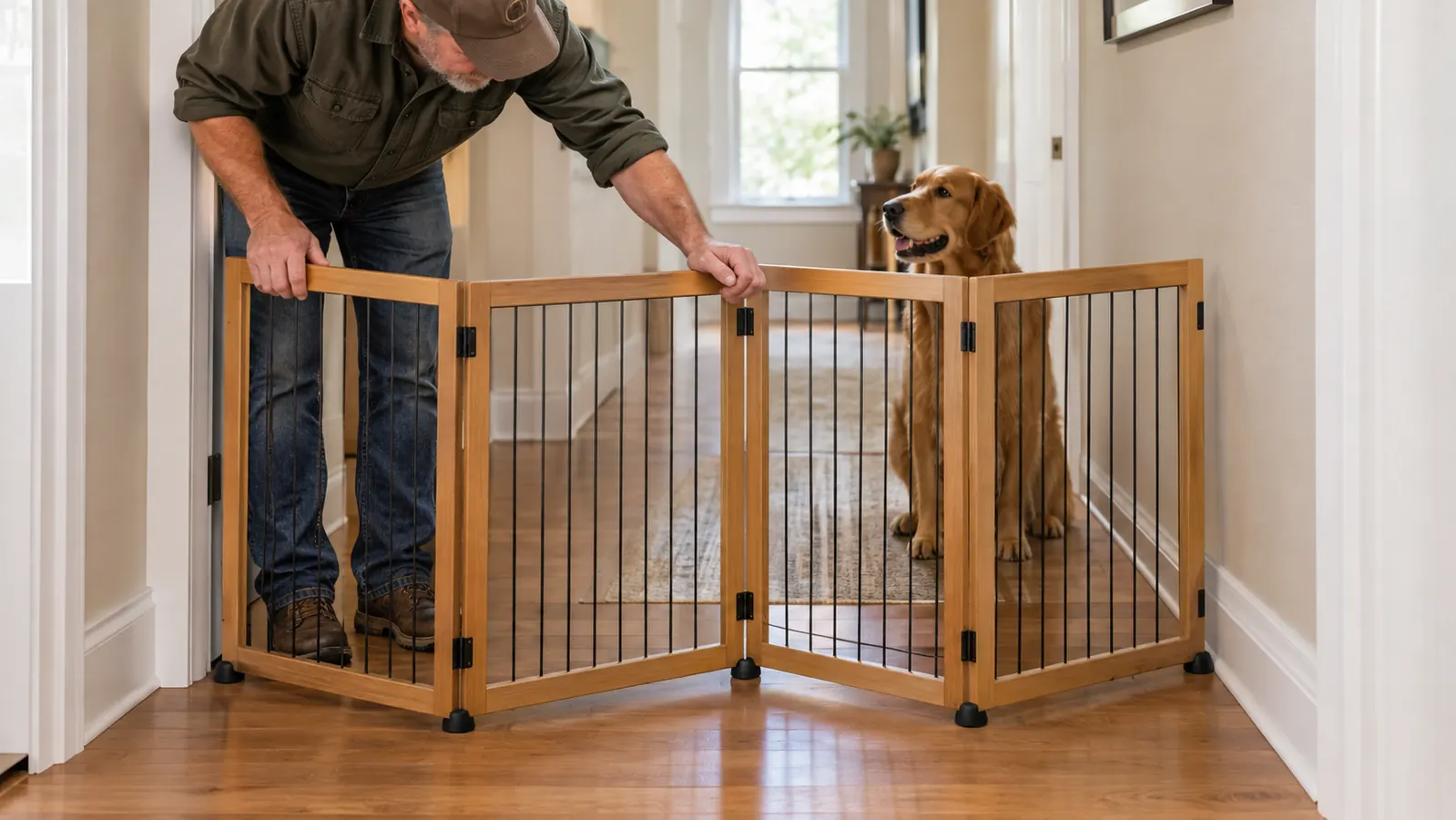 A hand adjusting a freestanding four panel pet gate in a hallway, the dog watching from the other side