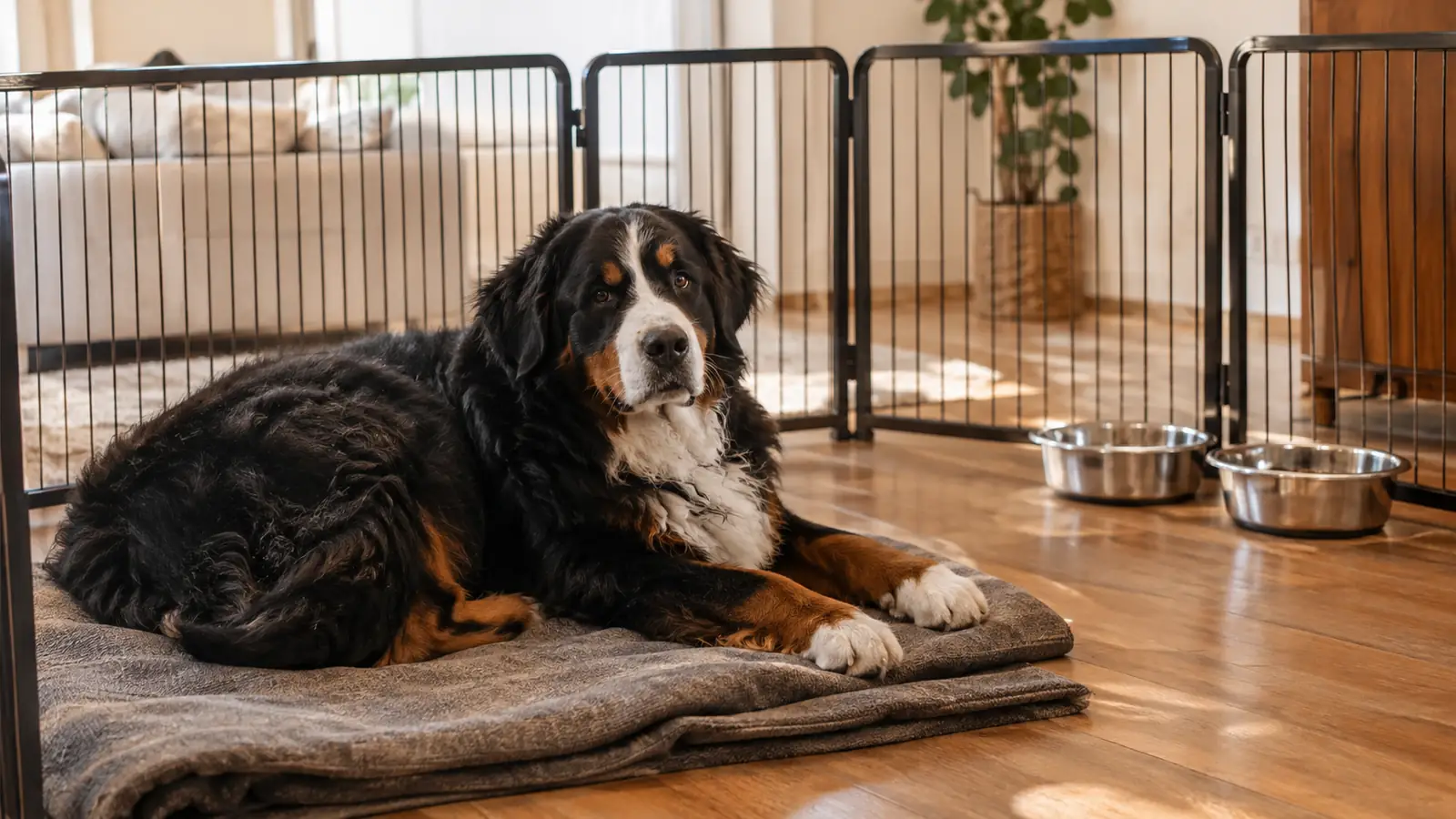 A dog resting calmly on a blanket inside a gated section of a room, with food and water bowls nearby