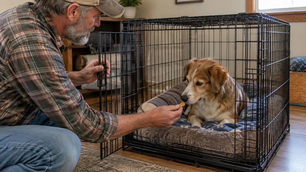 A person opening the side door of a wire crate to reach a dog inside