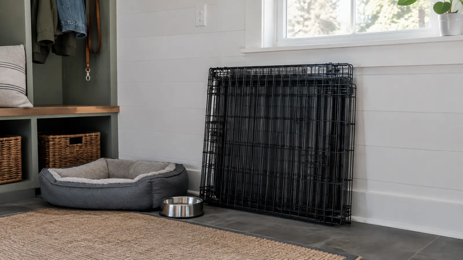 A wire crate folded flat and leaning against a wall in a mudroom with a dog bed and bowl nearby