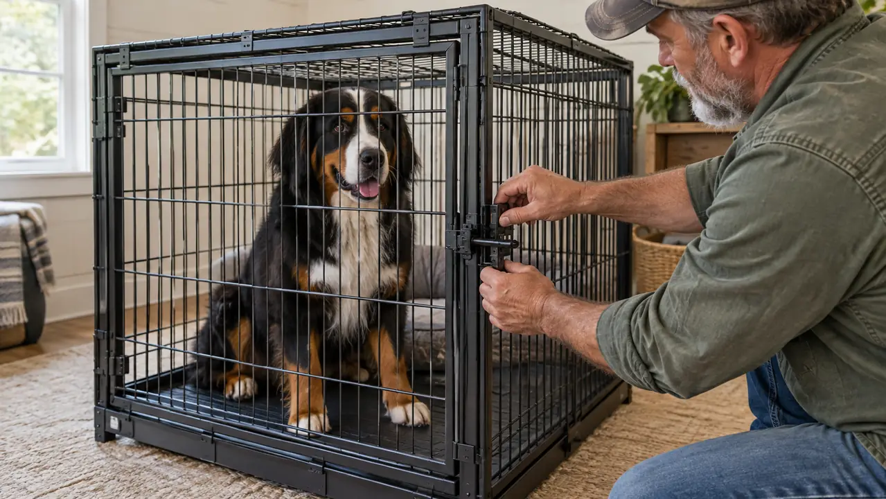 A hand fastening the latch on the side door of a double-door wire crate while a large dog waits calmly inside