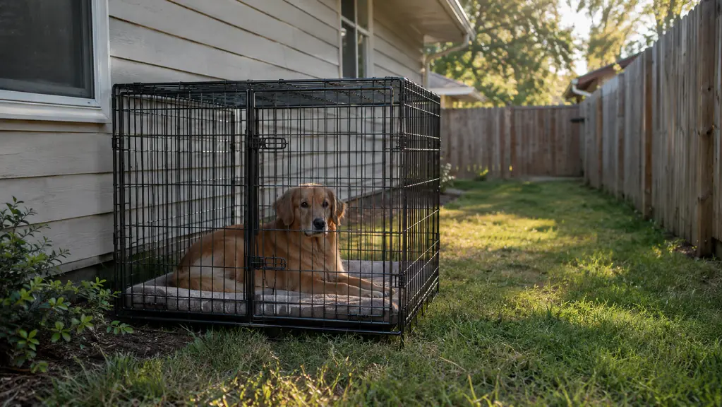 A double-door wire crate set up in a fenced side yard, a dog resting on a mat inside, late afternoon light