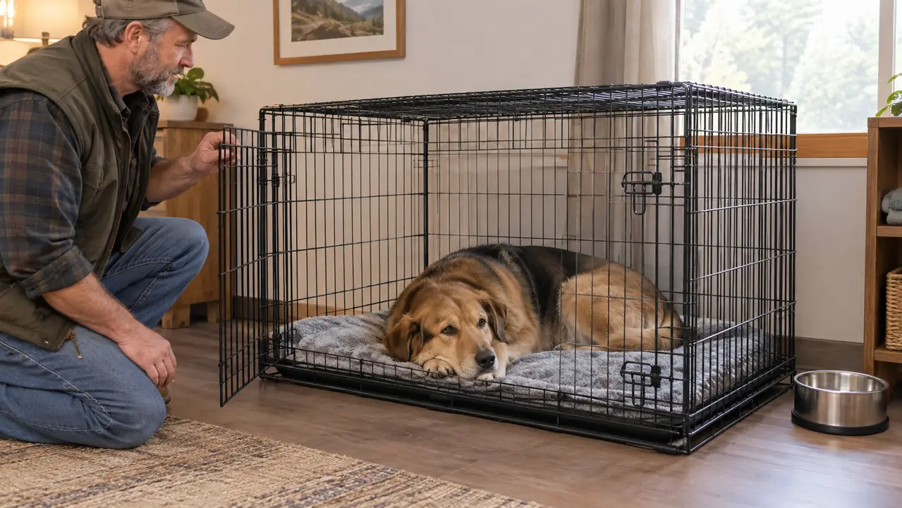 A large dog resting calmly inside a wire dog crate with double doors in a boarding room