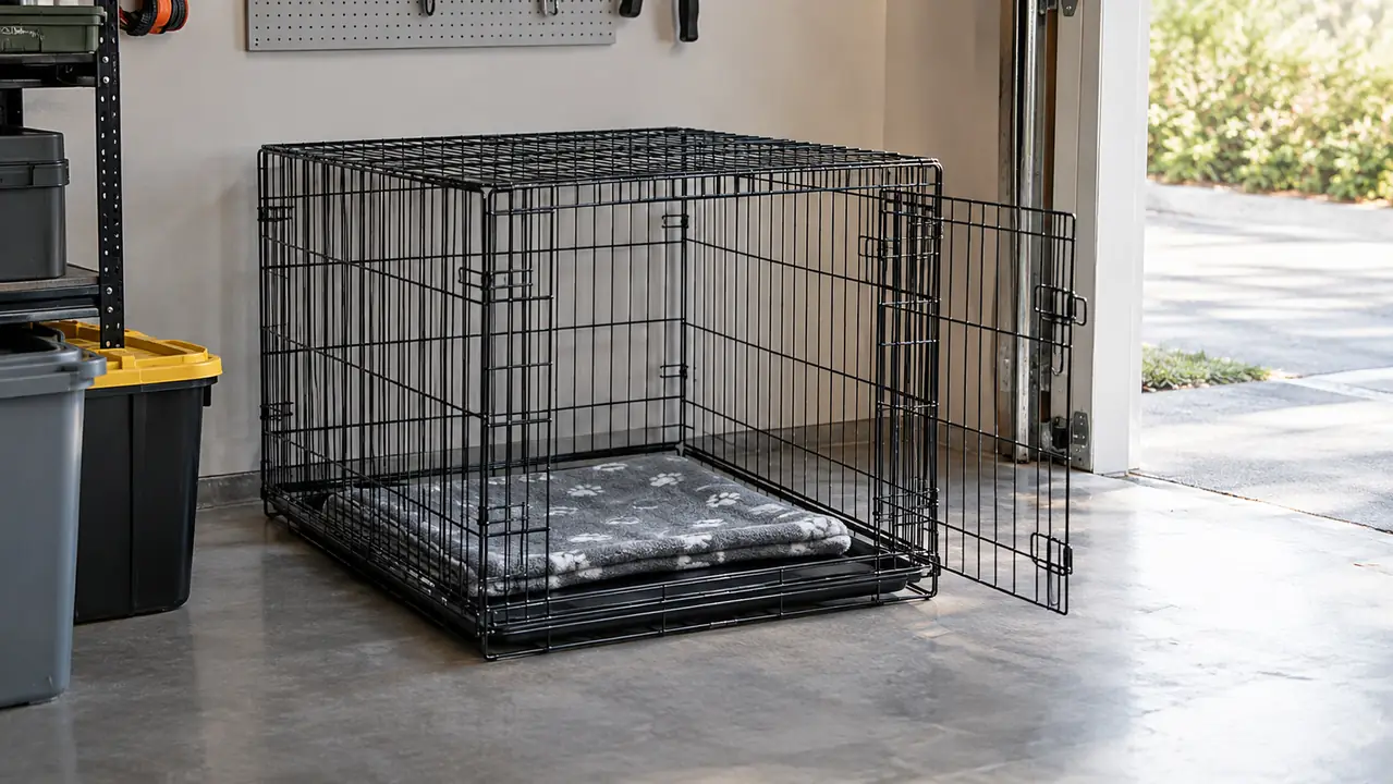 A wire dog crate with double doors sitting empty and ready in a detached garage
