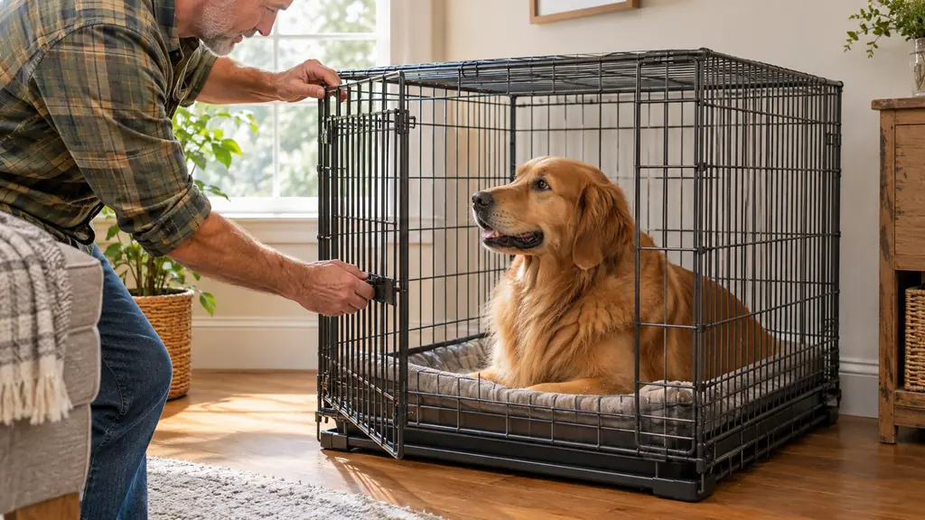 A hand unlatches the top door of a wire dog crate while a large dog watches from inside