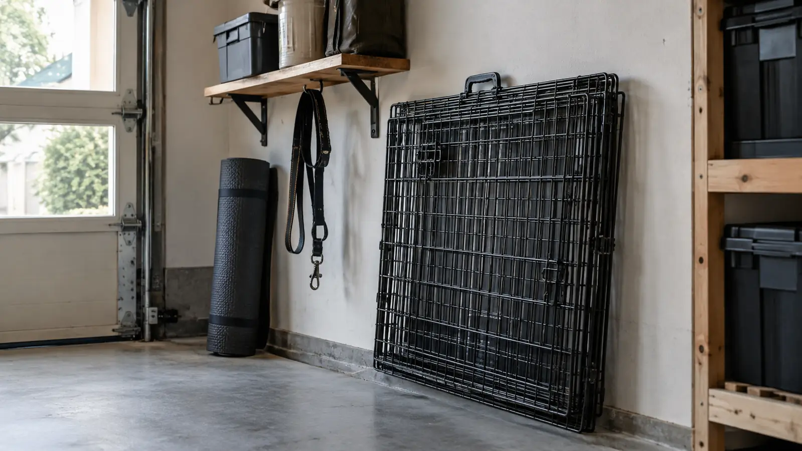 A wire dog crate folded flat and leaning against a garage wall beside a rolled rubber mat