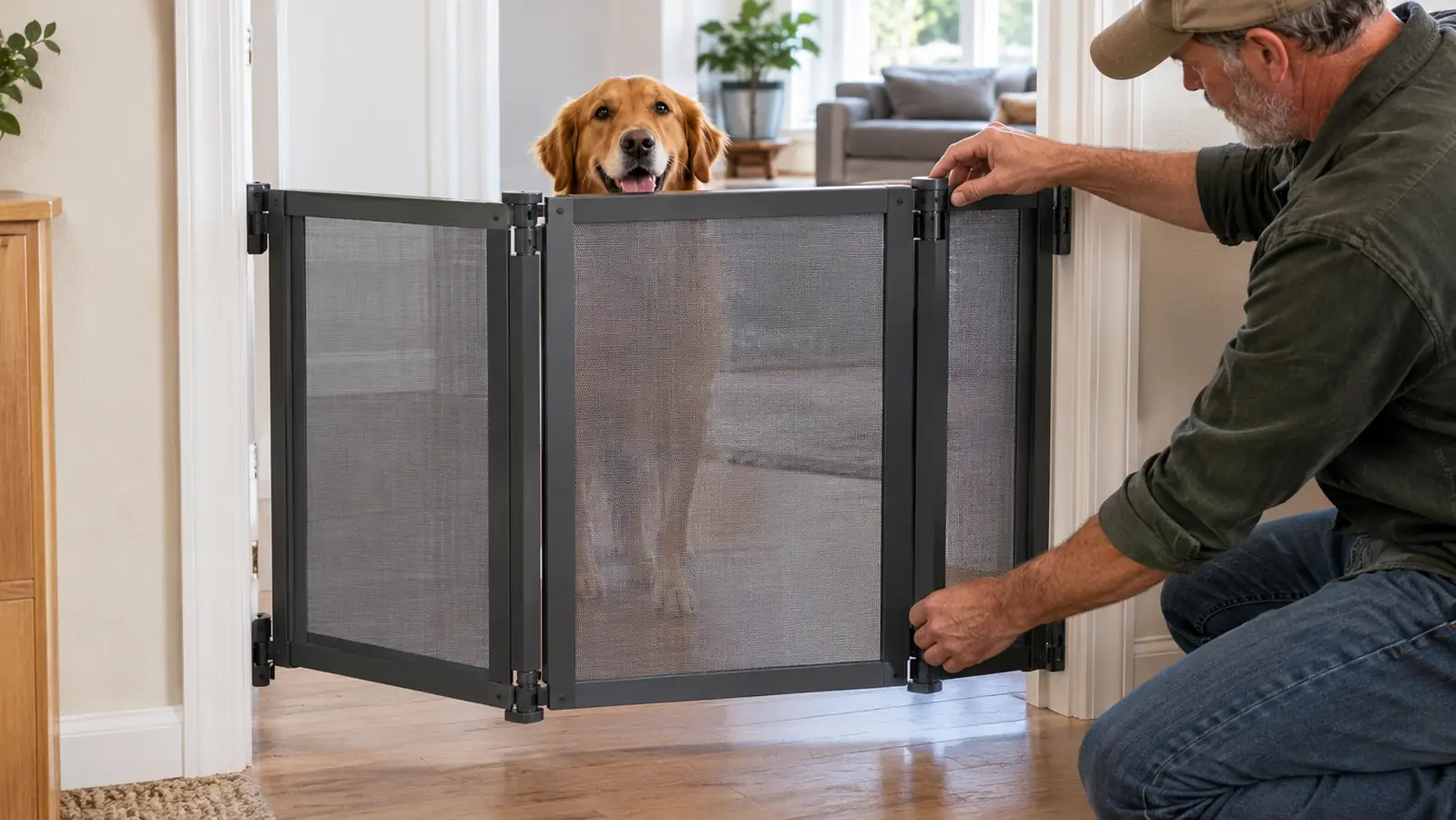 The gate set up in a home doorway with a dog looking over the top panel