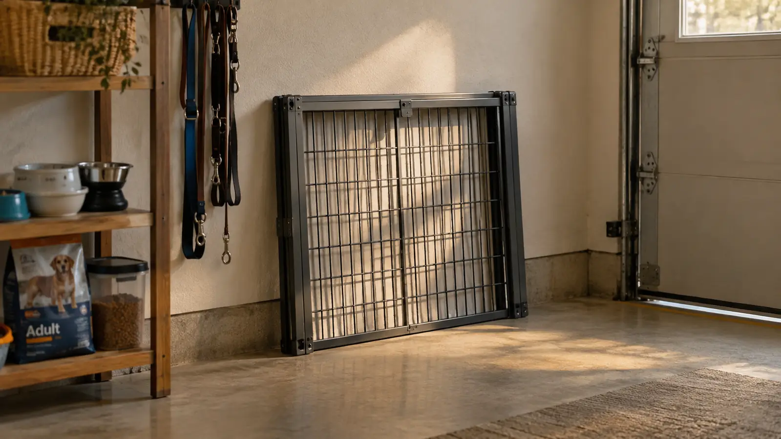 The gate folded flat and leaning against a garage wall beside a shelf of dog supplies