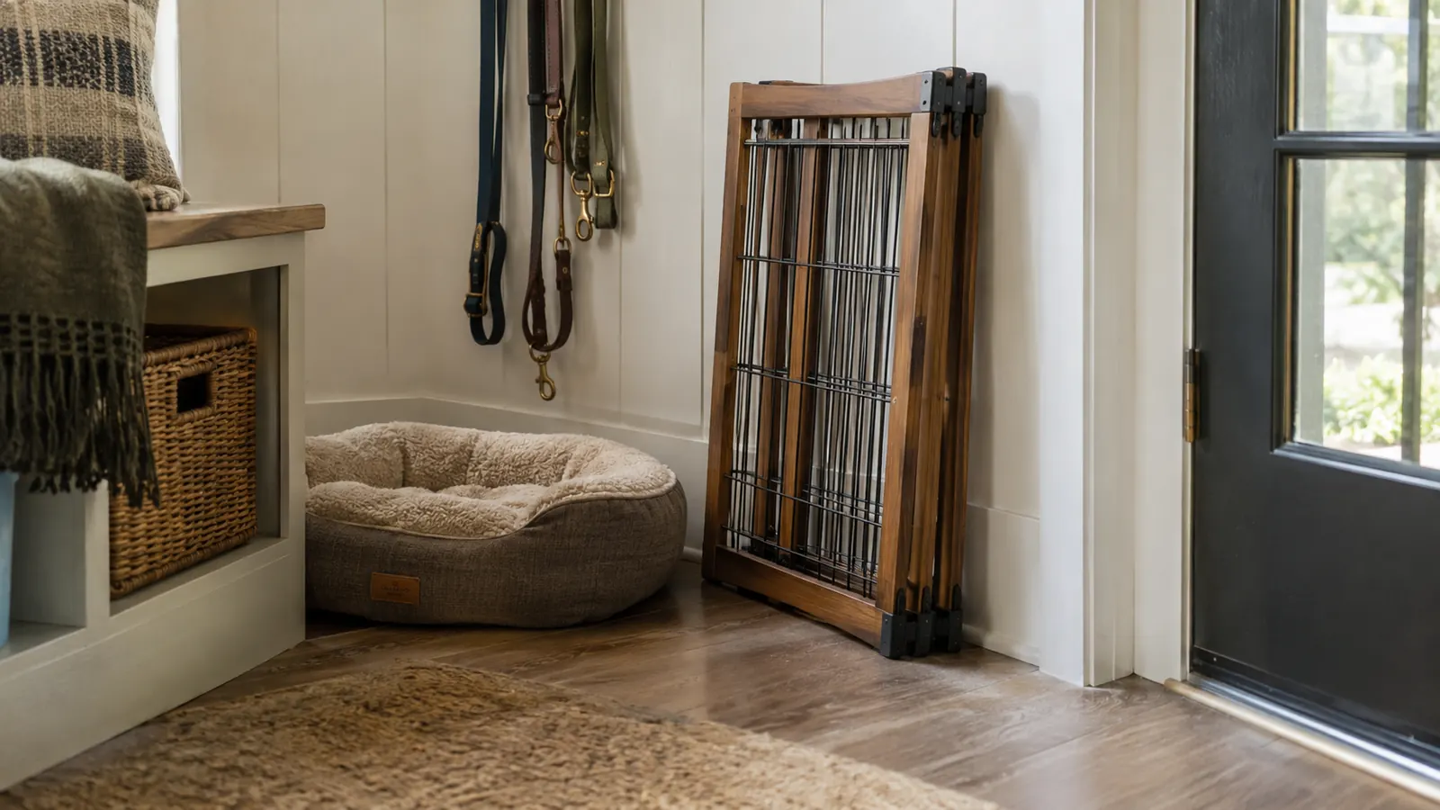 A freestanding pet gate folded flat and leaning against a wall in a mudroom, with leashes hanging nearby