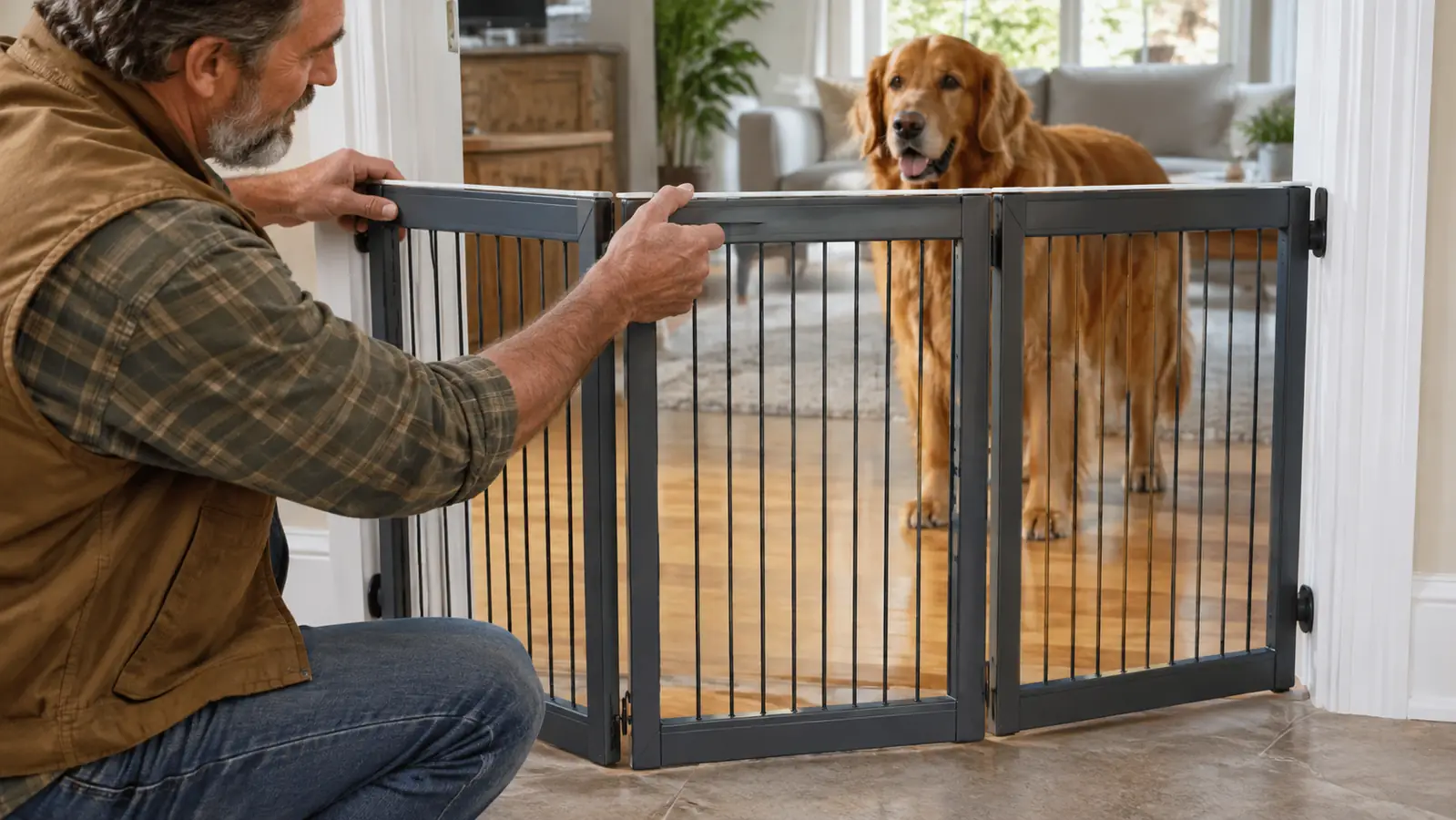 A hand adjusting the top of a foldable pet gate while a large dog watches from the other side