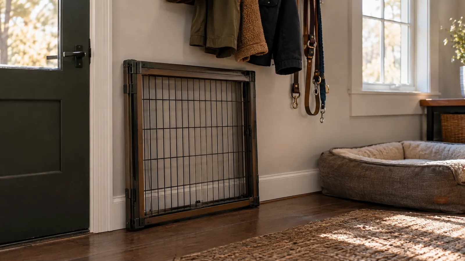 A folded pet gate leaning against a mudroom wall beside coats and leashes