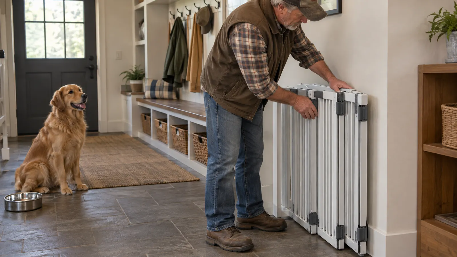 A person folding a four-panel pet gate flat against a wall, a dog waiting nearby in a mudroom