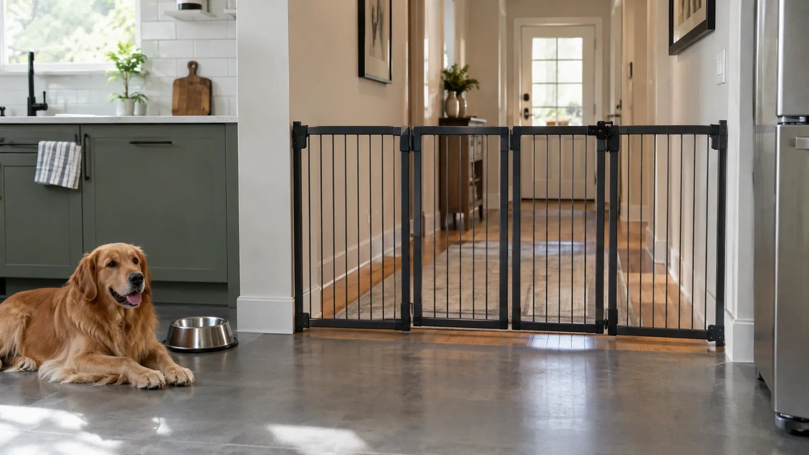 A four-panel pet gate standing across a wide opening between a kitchen and a hallway in a ranch house