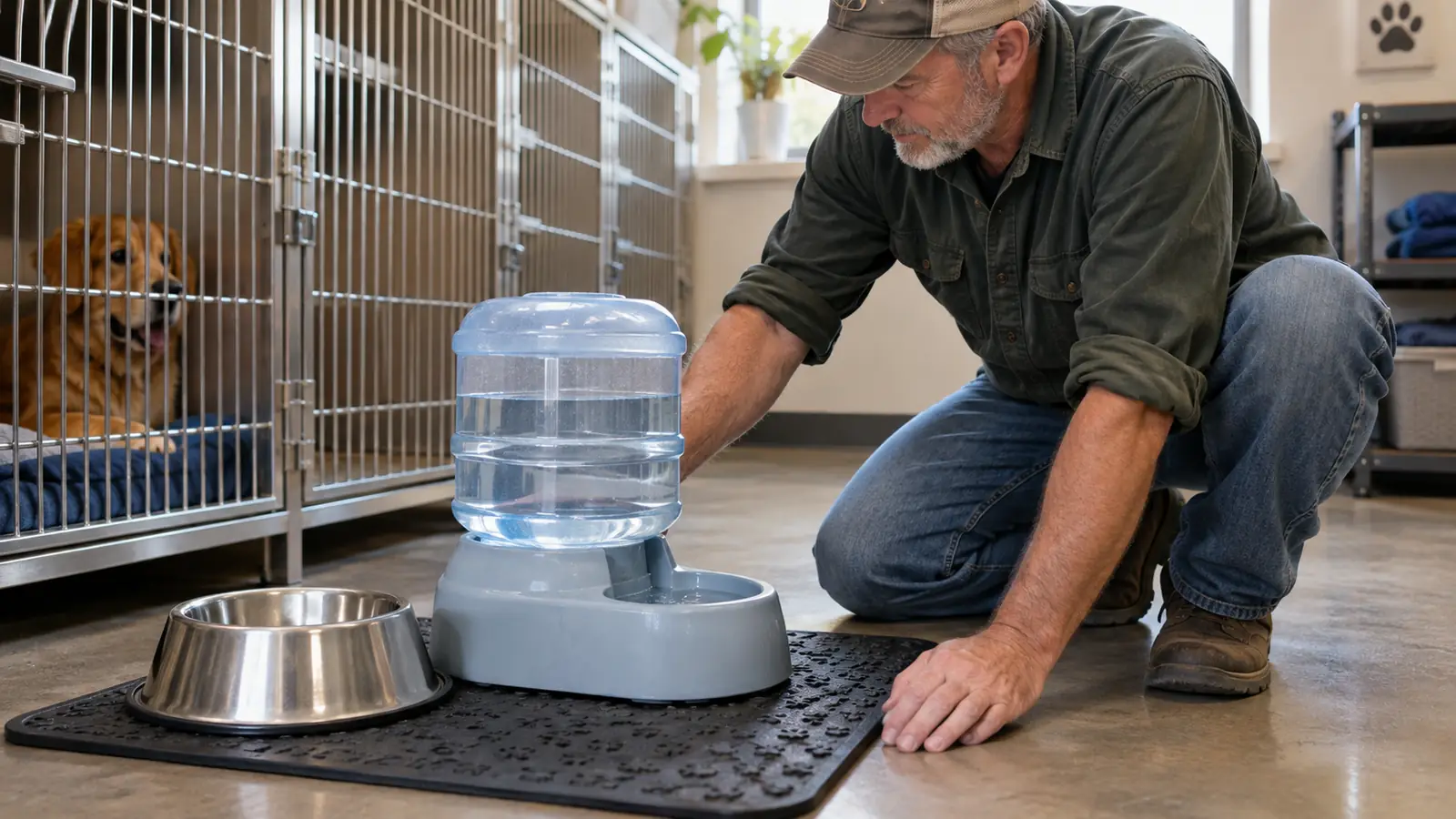 A Petmate Pet Cafe waterer sitting on a rubber mat beside a stainless bowl