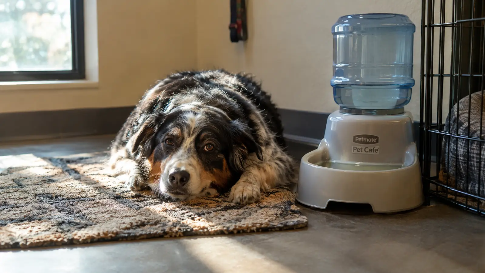 A dog resting on a rug near a Petmate Pet Cafe waterer