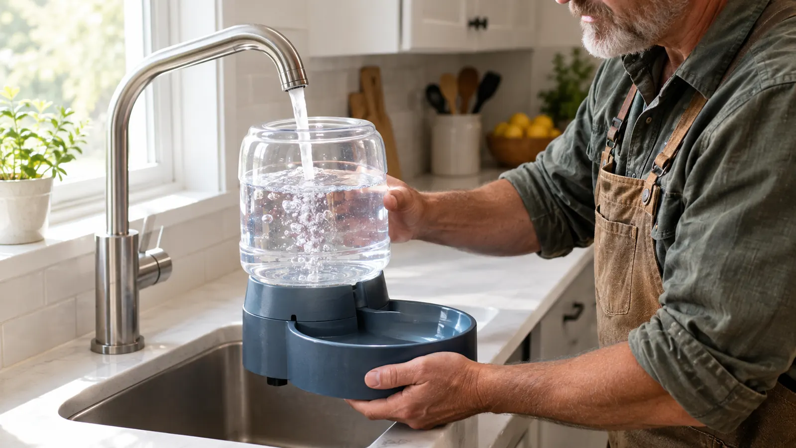 A hand filling a gravity waterer at a kitchen sink, water running into the reservoir