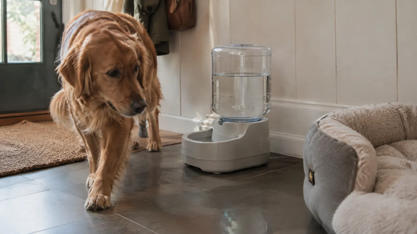 A gravity waterer on a mudroom floor beside a dog bed, with a dog walking past it