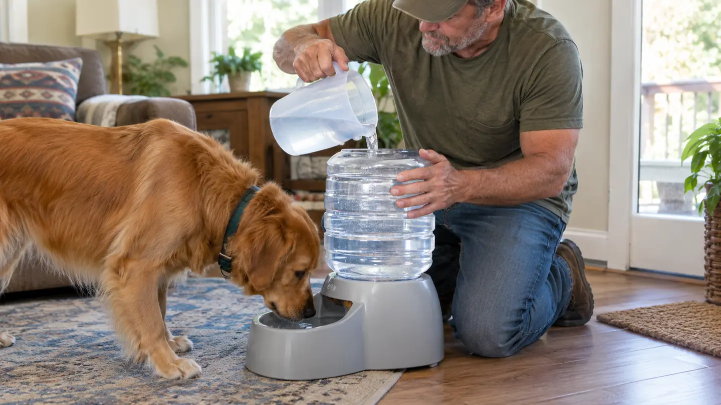 A dog drinking from the tray of a gravity water dispenser while a person refills the reservoir from a jug