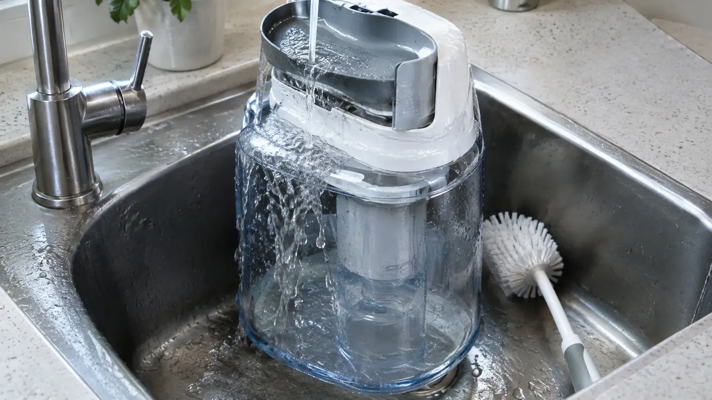 A gravity water dispenser being rinsed in a stainless steel sink during a weekly cleaning